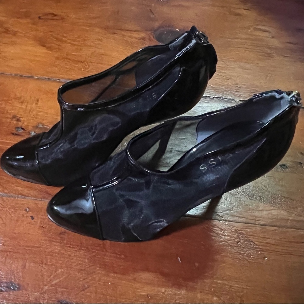 REISS black mesh ankle booties women’s US size 9 EUC patent leather toe zipper